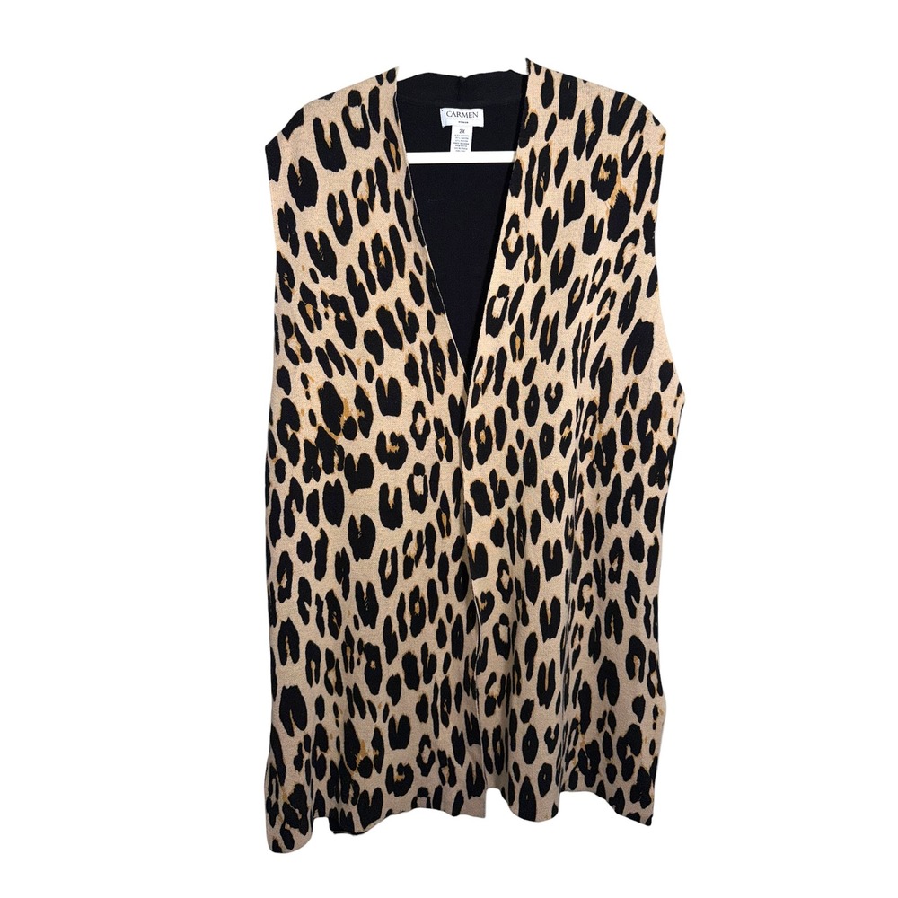 Carmen Marc Valvo Leopard Print Knit Vest Tan Black Plus Size 2X Open Front
